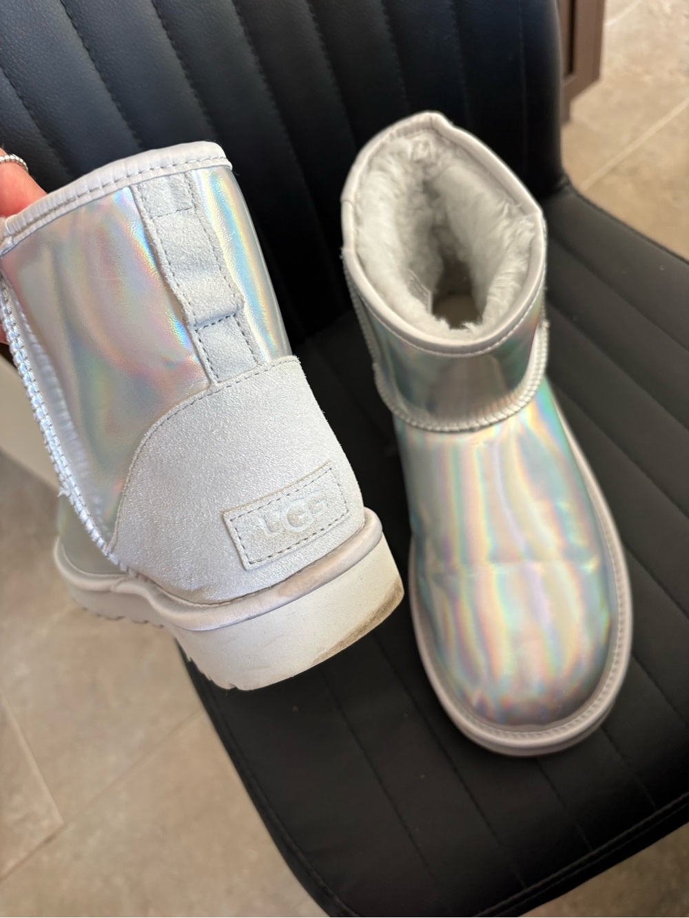 UGG WOMEN'S MINI IRIDESCENT SILVER SHEARLING LINED ANKLE BOOTS. Worn once!